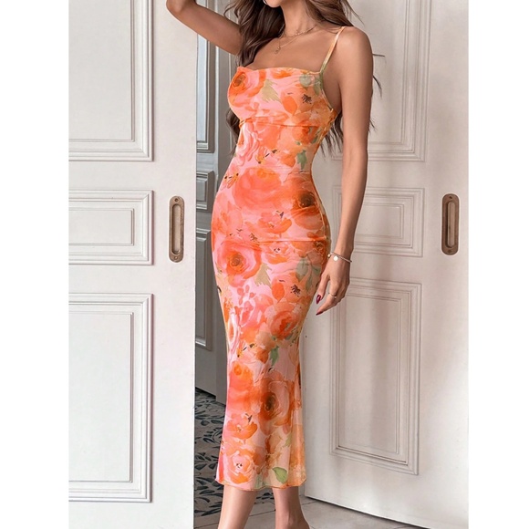 Orange Floral Rose Mesh Midi Dress Cami, Spaghetti Straps Lined, Stretchy - Picture 3 of 8
